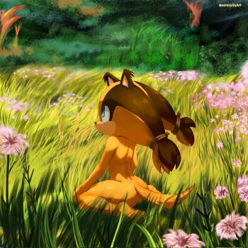ass back bad_tag badger bare_bak bare_legs barefoot bent_over blue_eyes brown_fur brown_hair completely_nude feet flat_chest flower from_behind garden grass hair_tie kyojiri_loli legs loli nude orange_fur orange_hair outdoors petite sega soles sonic_(series) sonic_boom sonic_boom_(series) soranygyart sticks_the_badger tail twintails