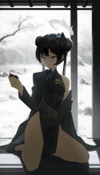 1girl absurdres bare_shoulders black_coat black_hair black_shoes blue_archive butterfly_hair_ornament china_dress chinese_clothes closed_mouth coat commentary covered_navel dated_commentary dragon_print dress full_body grey_eyes grey_halo hair_ornament halo highres holding ivyelin kisaki_(blue_archive) kneeling light_smile long_sleeves no_socks off_shoulder pelvic_curtain print_dress shoes short_hair_with_long_locks side_slit sleeveless sleeveless_dress solo