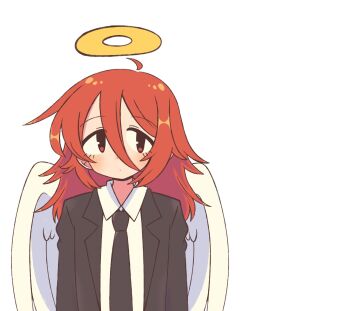 1boy angel angel_devil_(chainsaw_man) angel_wings black_jacket black_necktie blush chainsaw_man closed_mouth collared_shirt dot_mouth dot_nose hair_between_eyes halo highres jacket long_hair looking_to_the_side male_focus necktie shirt simple_background sofo_soup solo suit_jacket traditional_halo upper_body white_background white_shirt white_wings wings