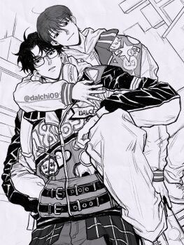 2boys ahoge alternate_costume arm_around_neck belt carrying commentary dalchi09 from_below glasses greyscale grin headphones headphones_around_neck hood hood_down hoodie jacket kim_dokja looking_at_viewer male_focus monochrome multiple_boys omniscient_reader's_viewpoint piggyback smile smirk symbol-only_commentary yoo_joonghyuk zipper