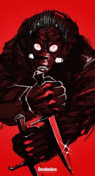 1boy blank_eyes caiman_(dorohedoro) dorohedoro dual_wielding english_text fighting_stance gas_mask gloves highres holding ibuo_(ibukht1015) jacket knife male_focus mask red_background reptilian shading shine sketch spikes upper_body weapon