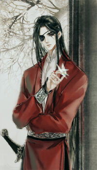 1boy belt black_eyes black_hair bracelet braid branch bug butterfly butterfly_on_hand chinese_clothes closed_mouth collared_shirt commentary e-ming_scimitar eyepatch flower hanfu holding holding_flower hua_cheng insect jewelry long_hair long_sleeves looking_at_viewer male_focus mandarin_collar red_hanfu scimitar shirt side_braid silver_belt silver_bracelet single_braid solo standing starember string string_around_finger string_of_fate sword tianguan_cifu tree undershirt upper_body very_long_hair weapon white_butterfly white_shirt