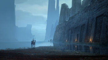 1other ancient_egyptian assassin's_creed:_origins assassin's_creed_(series) camel carving cloud cloudy_sky commentary doorway english_commentary from_behind highres lake landscape outdoors painterly raphael-lacoste reflection reflective_liquid riding riding_animal rock scenery shore sky torch tower water