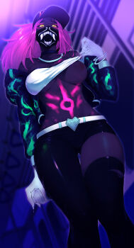 1girl absurdres akali akchu asymmetrical_legwear bangle bare_shoulders baseball_cap belt bodypaint bracelet breasts clothes_lift cropped_jacket female_focus fingerless_gloves from_below gloves glowing hat highres huge_filesize idol inverted_colors jewelry k/da_(league_of_legends) k/da_akali league_of_legends lifting_own_clothes long_sleeves looking_at_viewer mask medium_breasts midriff mouth_mask navel neon nipples off_shoulder one_breast_out pants pink_hair ponytail solo spray_can standing strapless train train_interior tube_top tube_top_lift ultraviolet_light uneven_legwear yellow_eyes