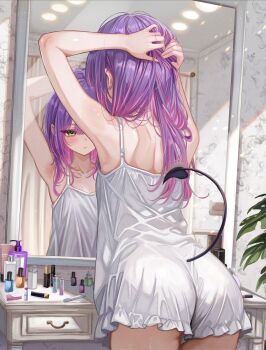 1girl arms_behind_head arms_up ass bare_arms chemise clothing_cutout commentary_request cosmetics demon_girl demon_tail from_behind gradient_hair green_eyes highres hololive indoors lipstick_tube long_hair mirror multicolored_hair pink_hair pointy_ears purple_hair reflection sa-ya2 solo spaghetti_strap tail tail_through_clothes tokoyami_towa tying_hair virtual_youtuber white_chemise