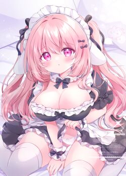 1girl :o apron between_legs black_bow black_dress black_ribbon blush bow bow_panties breasts chiika_(cure_cherish) cleavage clothes_lift commentary_request dated detached_collar dress dress_lift frilled_apron frilled_dress frilled_wrist_cuffs frills hair_ribbon hand_between_legs large_breasts lifting_own_clothes long_hair looking_at_viewer maid maid_headdress open_mouth original panties pantyshot partial_commentary pink_eyes pink_hair pink_nails puffy_short_sleeves puffy_sleeves ribbon short_sleeves sitting thighhighs two_side_up underwear wariza watermark white_apron white_panties white_thighhighs wrist_cuffs