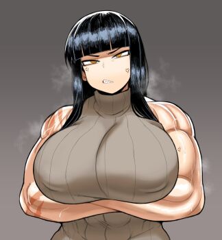 Rule 34 | 1girl, 2023, anger vein, angry, arms under breasts, bare shoulders, black hair, borrowed character, breasts, clenched teeth, commentary, commission, covered erect nipples, crossed arms, english commentary, female focus, highres, hime cut, huge breasts, long hair, mctamago, muscular, muscular arms, muscular female, no pupils, original, scar, scar on arm, sharp teeth, sidelocks, simple background, solo, sweat, sweater, teeth, tsurime, upper body, v-shaped eyebrows, yellow eyes