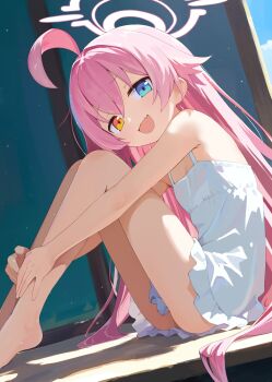 1girl absurdres ahoge ass bare_shoulders barefoot blue_archive blue_eyes dress flat_chest halo heterochromia highres hoshino_(blue_archive) hugging_own_legs light_particles long_hair looking_at_viewer ogaoekaki open_mouth orange_eyes pink_hair sitting smile solo sundress sunlight very_long_hair white_dress