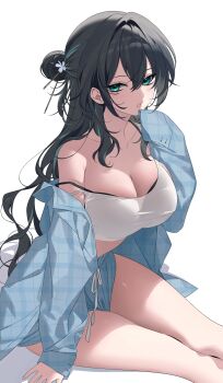 1girl absurdres aqua_eyes bare_shoulders black_bra black_hair blue_jacket blue_shorts bra bra_visible_through_clothes breasts cleavage collarbone commentary_request crop_top drawstring feet_out_of_frame hair_between_eyes hair_bun hair_ornament hairpin half_updo hand_up highres honkai:_star_rail honkai_(series) jacket korean_commentary large_breasts long_hair looking_at_viewer midriff multicolored_hair myao_(o3o333) off_shoulder parted_lips plaid_clothes plaid_jacket revision ruan_mei_(honkai:_star_rail) shirt short_shorts shorts simple_background sleeveless sleeveless_shirt solo spaghetti_strap strap_slip streaked_hair tank_top thighs underwear white_background white_shirt white_tank_top
