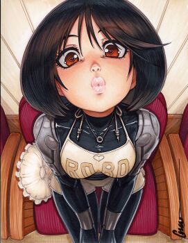 1girl alita apron battle_angel_alita blush brown_eyes chair commentary cyborg english_commentary heart heart-shaped_pupils highres indoors jewelry joints looking_at_viewer mechanical_arms necklace omar_dogan pillow robot_joints short_hair sitting solo symbol-shaped_pupils traditional_media white_apron