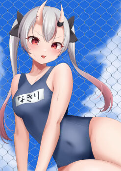 1girl absurdres black_ribbon blue_one-piece_swimsuit blue_sky blush breasts chain-link_fence cloud collarbone commentary_request covered_navel day double-parted_bangs fang fence gradient_hair grey_hair hair_between_horns hair_ribbon highres hololive horns long_hair looking_at_viewer medium_breasts multicolored_hair nakiri_ayame name_tag old_school_swimsuit one-piece_swimsuit open_mouth outdoors ramkilog red_eyes red_hair red_streaks ribbon school_swimsuit skin-covered_horns skin_fang sky solo streaked_hair swimsuit tongue tongue_out twintails v-shaped_eyebrows virtual_youtuber