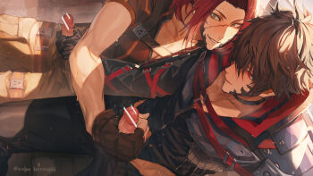 2boys brown_hair code_vein cum erection gloves handjob highres lying male_focus multiple_boys penis penis_grab red_eyes scar smile sweat tagme undressing weiss_(artist) yaoi