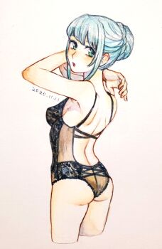 1girl angelica_(honzuki_no_gekokujou) ass black_leotard blue_hair braid breasts bun_with_braided_base commentary_request cropped_legs dated green_eyes hair_bun highres hitsuki_(hiidukii) honzuki_no_gekokujou leotard lingerie medium_breasts shoulder_blades single_hair_bun solo traditional_media underwear watercolor_pencil_(medium)
