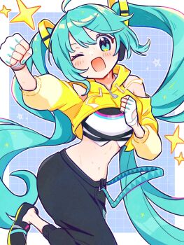 1girl ;d ahoge aoiyui bare_shoulders black_pants black_shoes blue_background blue_eyes blue_hair blush border clenched_hands clothing_cutout commentary_request cowboy_shot crop_top cropped_hoodie dot_nose drawstring fingerless_gloves fitness_boxing fitness_boxing_feat._hatsune_miku:_isshoni_exercise gloves grid_background hands_up hatsune_miku highres hood hood_down hoodie leg_up long_hair long_sleeves looking_at_viewer midriff navel one_eye_closed open_mouth outline outside_border pants shoes shoulder_cutout smile solo sparkle star_(symbol) sweat twintails very_long_hair vocaloid white_border white_gloves white_outline yellow_hoodie