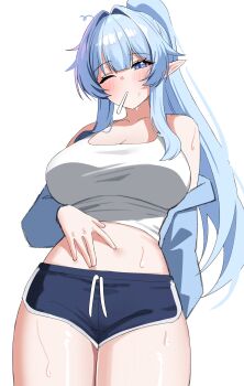 1girl absurdres bare_shoulders blue_eyes blue_hair blue_jacket blue_shorts blush breasts character_pria cleavage commission cowboy_shot crop_top dolphin_shorts drawstring hand_on_own_stomach high_ponytail highres jacket large_breasts long_hair looking_at_viewer midriff mouth_hold navel off_shoulder one_eye_closed original pointy_ears ponytail second-party_source shirt short_shorts shorts sidelocks simple_background sleeveless sleeveless_shirt solo stomach suisen_(suisenhwa) sweat thighs white_background white_shirt