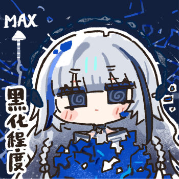 Rule 34 | 1girl, @ @, blue eyes, blue hair, blush stickers, chibi, chibi only, chinese commentary, chinese text, cui pi zha xia qiu, girls' frontline, girls' frontline neural cloud, grey hair, grey shirt, hubble (neural cloud), long hair, official art, second-party source, shirt, solo