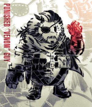 Rule 34 | ammunition pouch, arm at side, beard, belt, belt pouch, boots, character name, combat boots, commentary, cosplay, english commentary, eyepatch, facial hair, fall guy, fall guys, full body, gloves, grey theme, hands up, mechanical arms, metal gear (series), metal gear solid v: the phantom pain, military, military uniform, mustache, parody, ponytail, pouch, scar, scar across eye, scar on face, single mechanical arm, sleeves pushed up, standing, stitches, style parody, teoft, venom snake, venom snake (cosplay)