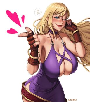 1girl absurdres b.jenet bare_shoulders belt blinking blonde_hair blue_eyes blush breasts choker cleavage_cutout closed_eyes clothing_cutout curvy dress fatal_fury female_focus flower garou:_mark_of_the_wolves gloves hand_on_own_face heart highres hitting b._jenet jolly_roger large_breasts lipstick long_hair makeup midriff_peek navel pirate pointing purple_dress rose snk solo tattoo teasing the_king_of_fighters thick_thighs thighs