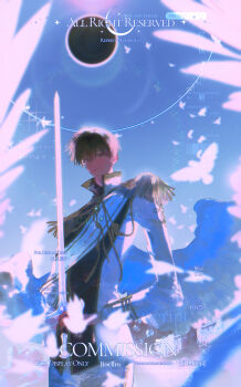 1boy bird black_eyes black_hair black_shirt character_request check_character coat cowboy_shot day dove eclipse epaulettes feathered_wings from_below highres holding holding_sword holding_weapon kim_dokja lens_flare looking_at_viewer male_focus official_alternate_costume omniscient_reader&#039;s_viewpoint outdoors ricardo_von_kaizenix roellm sash shirt short_hair smile solo sword too_many too_many_birds too_many_watermarks watermark weapon white_coat white_wings wings