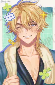 &gt;_o 1boy blonde_hair blue_eyes commentary english_commentary genshin_impact hair_between_eyes haryu_chee long_hair male_focus one_eye_closed open_clothes open_shirt scar scar_on_face scar_on_neck smile solo towel towel_around_neck varka_(genshin_impact)