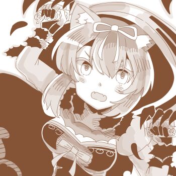 1girl bad_id bad_pixiv_id breasts chaos_belle_(grimms_notes) grimms_notes looking_at_viewer monochrome odai_0715 open_mouth solo upper_body