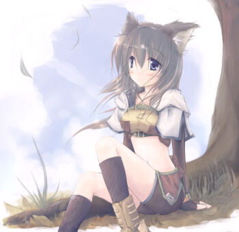 1girl 2000s_(style) animal_ears bad_id black_shorts black_socks blue_eyes blush boots breasts brown_boots brown_gloves brown_shirt brown_skirt cat_ears closed_mouth commentary_request crop_top cropped_jacket elbow_gloves expressionless fake_animal_ears feet_out_of_frame fingerless_gloves gloves grass grey_hair hunter_(ragnarok_online) jacket long_hair medium_breasts midriff miniskirt navel ragnarok_online shirt short_shorts short_sleeves shorts shorts_under_skirt skirt socks solo tree under_tree white_jacket yukitarou_(awamori)