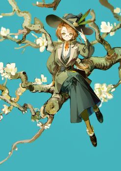 1girl absurdres almond_(flower) almond_blossoms_(van_gogh) aqua_background arm_support blue_vest bow branch brown_footwear brown_hair collared_shirt crossed_legs feathers flower full_body glasses green_eyes green_feathers green_hat green_jacket green_skirt hair_bow hair_flower hair_ornament hand_on_headwear hat hat_feather highres jacket kakania_(reverse:1999) long_hair long_skirt long_sleeves looking_at_viewer low_ponytail neck_ribbon on_branch orange_pantyhose oversized_flower pantyhose ponytail puffy_long_sleeves puffy_sleeves qiang45042 red_ribbon reverse:1999 ribbon rose round_eyewear semi-rimless_eyewear shirt sitting skirt smile solo sun_hat vest waistcoat white_shirt yellow_bow yellow_flower yellow_rose
