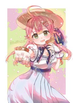1girl absurdres ahoge border breasts bridal_gauntlets cherry_blossoms cleavage dress earrings falling_petals flower_earrings food glint gloves green_eyes hair_ornament hairclip hat highres holding holding_food hololive jewelry long_hair looking_at_viewer motchida nail_polish neck_ribbon necklace open_mouth outside_border outstretched_arm partially_fingerless_gloves petals pink_hair ribbon ring sakura_miko sakura_miko_(street) sash short_sleeves smile solo striped_clothes striped_dress taiyaki translation_request virtual_youtuber wagashi waist_sash white_border
