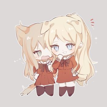 Rule 34 | 2girls, animal ears, black bow, black thighhighs, blonde hair, blue eyes, bow, cat ears, cat girl, cat tail, chibi, chinese commentary, commentary request, dog ears, dog girl, dog tail, extra ears, full body, grey background, grey eyes, hand on own hip, hand up, highres, kawamura reo, kemonomimi mode, kurohaakane07, long hair, long sleeves, looking at another, multiple girls, notice lines, open mouth, ponytail, sailor collar, school uniform, shitogi eris, simple background, smile, sono hanabira ni kuchizuke wo, sparkle, st. michael's school uniform, standing, tail, thighhighs