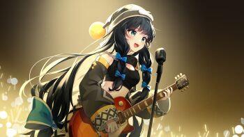 Rule 34 | 1girl, absurdres, beanie, black hair, blue bow, bow, breasts, cleavage, commentary request, crop top, dabi (15dldl15), detached sleeves, glowstick, green eyes, grey hat, grey sleeves, guitar, hair bow, hat, highres, indie virtual youtuber, instrument, jang yui, korean commentary, long hair, low twintails, microphone, multiple hair bows, music, open mouth, playing guitar, playing instrument, pom pom (clothes), pom pom hat ornament, shure 55sh, singing, solo, twintails, wide sleeves