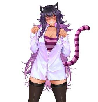 1girl absurdres alice's_adventures_in_wonderland alternate_costume animal_ear_fluff animal_ears bell black_hair breasts cat_ears cat_tail cheshire_cat_(alice_in_wonderland) cheshire_cat_(alice_in_wonderland)_(cosplay) choker collarbone commentary cosplay cowboy_shot english_commentary gradient_hair grin highres landacdeus long_hair looking_at_viewer mole mole_on_breast mole_under_eye multicolored_hair multiple_moles neck_bell nijisanji nijisanji_en open_mouth partially_unbuttoned paw_pose purple_hair red_choker red_nails scarle_yonaguni scarle_yonaguni_(loungewear) second-party_source sharp_teeth shirt slit_pupils smile solo striped_tail tail teeth thighhighs transparent_background very_long_hair virtual_youtuber white_shirt