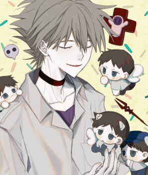 Rule 34 | 2boys, 5boys, angel (evangelion), black choker, black pants, blue eyes, blue hat, brown hair, chibi, chinese commentary, choker, closed eyes, closed mouth, collared shirt, colored skin, commentary request, cross, frown, grey hair, grey shirt, hair between eyes, hairpods, hat, ikari shinji, lilith (evangelion), luomushen, male focus, mini person, miniboy, multiple boys, nagisa kaworu, neon genesis evangelion, pants, parted lips, purple shirt, sachiel (evangelion), shirt, short hair, smile, teardrop, white skin, yellow background