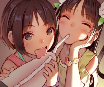1boy 2girls age_difference artist_request bdsm black_hair blush breasts censored drinking_straw flat_chest highres loli mole mole_under_eye muk_(monsieur) multiple_girls object_insertion oral penis pov small_breasts straw tongue tongue_out urethra urethral_insertion what x-ray
