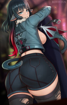 Rule 34 | 1girl, animal ears, ass, ass focus, black hair, breasts, breasts out, from behind, gradient hair, green eyes, huge ass, jacket, jane doe (zenless zone zero), large breasts, long hair, looking at viewer, looking back, mouse ears, mouse girl, mouse tail, multicolored hair, no bra, red hair, rovintus, short shorts, shorts, sideboob, solo, tail, thick thighs, thighhighs, thighs, torn clothes, torn thighhighs, very long hair, zenless zone zero