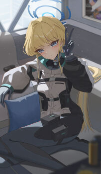 Rule 34 | 1girl, absurdres, arm rest, blonde hair, blue archive, blue bodysuit, blue eyes, blue hair, blue halo, blue streaks, bodysuit, closed mouth, commentary, controller, couch, day, foot out of frame, game controller, gang ryeol, gloves, halo, hand up, highres, indoors, jacket, light blush, light particles, long hair, looking at viewer, multicolored hair, multicolored halo, official alternate costume, on floor, pillow, ponytail, pouch, sitting, smile, solo, sunlight, thigh pouch, toki (armed) (blue archive), toki (blue archive), two-tone hair, two-tone halo, v, very long hair, white jacket, window, yokozuwari