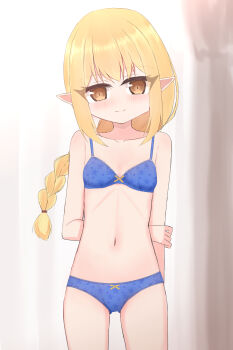 1girl absurdres arm_behind_back blonde_hair blue_bra blue_panties blush bow bow_bra bow_panties bra braid breasts brown_eyes collarbone crotch_seam curtains elf floral_print highres holding_own_arm lace lace-trimmed_bra lace-trimmed_panties lace_trim loli long_hair looking_at_viewer navel original panties pointy_ears print_bra print_panties shooko single_braid small_breasts smile standing underwear yellow_bow