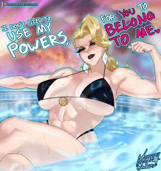 1girl abs absurdres bikini black_bikini blonde_hair blue_eyes breasts commentary crossed_legs emma_frost emma_frost_(x-revolution) english_commentary english_text highres large_breasts looking_at_viewer marvel marvel_rivals patreon_logo patreon_username shinda292 signature sitting solo swimsuit water