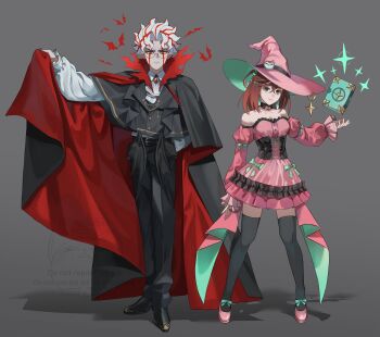 1boy 1girl alternate_costume aqua_bow ascot ayase_momo bare_shoulders bat_(animal) belt belt_buckle black_cape black_choker black_pants black_thighhighs book bow breasts brown_eyes buckle cape choker cleavage closed_mouth collarbone collared_shirt commentary crossed_bangs dandadan dress dress_bow earrings facial_mark fangs floating frilled_dress frilled_skirt frilled_sleeves frills full_body glasses grey_background hair_between_eyes hair_ornament hashtag-only_commentary hat height_difference highres jewelry long_sleeves looking_at_viewer medium_breasts medium_hair multicolored_hair multiple_belts off-shoulder_dress off_shoulder outstretched_arm pants pink_dress pink_hat pink_shoes pointy_ears puffy_sleeves red_cape red_eyes red_hair round_eyewear shirt shoes short_hair side_ponytail skirt sleeves_past_wrists sparkle standing strapless strapless_dress symbol-only_commentary takakura_ken_(dandadan) takakura_ken_(transformed)_(dandadan) thighhighs turbo_granny_(dandadan) two-sided_cape two-sided_fabric two-tone_hair vampire white_ascot white_hair white_shirt witch witch_hat wolf6481 zettai_ryouiki