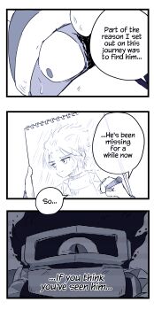 1girl 2boys 3koma absurdres adeleine black_fire brother_and_sister comic constricted_pupils dark_matter_(kirby) dark_matter_blade desultorynovice drawing english_text fiery_hair fire flashback highres holding holding_sketchbook king_dedede kirby's_dream_land_2 kirby_star_allies kirby_(series) kirby_64 monochrome multiple_boys nintendo one-eyed siblings sketchbook slit_pupils spiked_hair surprised sweatdrop