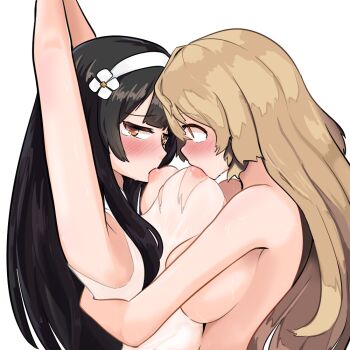 Rule 34 | 2girls, black hair, breast sucking, brown hair, elflorri, girls' frontline, large areolae, long hair, m37 (girls' frontline), multiple girls, mutual breast sucking, nipples, type 95 (girls' frontline), yuri