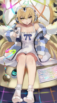 1girl absurdres angel_wings bare_shoulders blonde_hair breasts cellphone cleavage commentary_request computer_keyboard computer_mouse fate/grand_order fate_(series) feathered_wings full_body grey_sweater headphones highres jeanne_d'arc_(fate) klash long_hair long_sleeves looking_at_viewer low_twintails metatron_jeanne_(fate) metatron_jeanne_(second_ascension)_(fate) off_shoulder open_mouth phone sitting small_breasts socks solo striped_clothes striped_sweater stylus sweater twintails very_long_hair wings yellow_eyes