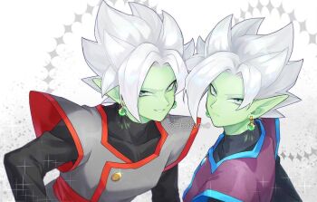 >:) 2boys :| black_shirt blue_trim clone closed_mouth coat collarbone colored_skin dots dragon_ball dragon_ball_super earrings furrowed_brow fused_zamasu glowing glowing_earrings gold_buttons gradient_background green_skin grey_coat grey_eyes grin halo hand_on_own_hip jewelry light_frown long_pointy_ears looking_at_viewer male_focus multiple_boys nana_tsuba_(pixiv78353289) pointy_ears potara_earrings purple_coat red_trim shirt short_hair simple_background smile sparkle third-party_source turtleneck turtleneck_shirt twitter_username v-shaped_eyebrows watermark white_hair zamasu