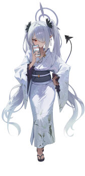 1girl absurdres alternate_costume black_sash blue_archive blush cellphone closed_mouth dark-skinned_female dark_skin demon_girl demon_tail hair_over_one_eye halo hand_on_own_hip highres holding holding_phone iori_(blue_archive) japanese_clothes kimono long_hair looking_at_viewer obi phone pointy_ears purple_halo red_eyes rega sandals sash sidelocks smartphone solo tail twintails white_kimono