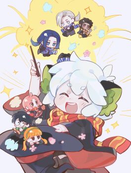 :d ^_^ a'gen_(the_legend_of_luoxiaohei) animal_ears black_hair blue_eyes blue_hair brown_eyes cat_boy cat_ears character_request check_character chinese_commentary closed_eyes commentary_request glasses grey_hair highres holding holding_wand jing_chuan_yi luo_xiaobai luo_xiaohei luo_xiaohei_(human) luo_xiaohei_zhanji luye_(the_legend_of_luoxiaohei) multiple_boys multiple_girls open_mouth orange_hair pink_hair red_scarf scarf shanxin_(the_legend_of_luoxiaohei) smile teeth thick_eyebrows twintails upper_teeth_only wand white_hair wuxian_(the_legend_of_luo_xiaohei) zeyu_(the_legend_of_luoxiaohei)