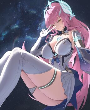 Rule 34 | 1girl, absurdres, aemeath (wuthering waves), ahoge, breasts, closed mouth, commentary, elbow gloves, gloves, hair ornament, hand up, highres, large breasts, leotard, long hair, looking at viewer, musi x2, one eye closed, orange eyes, pink hair, ponytail, skirt, sky, smile, solo, space, star-shaped pupils, star (sky), star (symbol), starry sky, symbol-shaped pupils, v, white gloves, white leotard, white skirt, wuthering waves