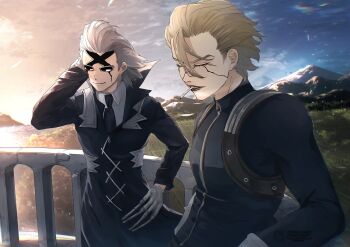 2boys absurdres black_coat black_eyes black_jacket black_necktie blonde_hair cigarette closed_eyes coat collared_shirt dr._stone gloves grey_hair hair_between_eyes hair_slicked_back hand_in_own_hair highres jacket long_sleeves male_focus mitsuru_(aica_hikari) mountainous_horizon mouth_hold multiple_boys necktie outdoors railing shirt short_hair sky smile smoking stanley_snyder_(dr.stone) sunrise sunset white_gloves white_hair white_shirt xeno_(dr.stone)