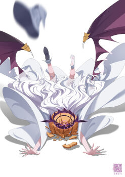 1girl absurdres black_halo blue_archive demon_girl demon_horns demon_wings feilingdong halo highres hina_(blue_archive) horns long_hair low_wings pumpkin simple_background solo very_long_hair white_background white_hair wings