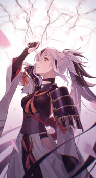 1girl absurdres armor black_hair black_shirt black_skirt breasts clothing_cutout collar fate/grand_order fate_(series) fomnant green_eyes high_ponytail highres hip_vent japanese_armor layered_skirt long_hair long_sleeves looking_up medium_breasts metal_collar multicolored_hair nagao_kagetora_(fate) ponytail shirt shoulder_armor sidelocks skirt smile sode solo tassel two-tone_hair uesugi_kenshin_(first_ascension)_(fate) very_long_hair white_hair white_skirt wide_sleeves