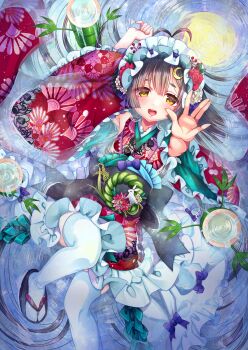 1girl bamboo black_hair bonnet commentary_request frilled_skirt frilled_sleeves frills highres hime_cut japanese_clothes kimono_dress leaf lolita_fashion looking_at_viewer obi open_mouth original reaching sash short_hair skirt smile teltelhousi thighhighs wa_lolita white_thighhighs wide_sleeves yellow_eyes