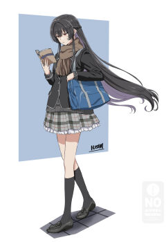 Rule 34 | 1girl, artist name, ashigaya high school uniform, bag, black hair, black jacket, black shoes, black socks, black sweater, blue background, blue bag, blush, book, braid, colored inner hair, commentary request, floating hair, frilled skirt, frills, full body, grey skirt, half up braid, highres, holding, holding book, ishii hisao, jacket, kneehighs, koto satsuki, light frown, loafers, long hair, multicolored hair, reading, scarf, school bag, school uniform, shoes, signature, skirt, socks, solo, standing, sweater, tile floor, tiles, very long hair, walking, watashi ga koibito ni nareru wake naijan murimuri!, watermark
